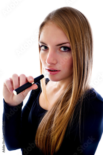 happy woman smoking e-cigarette