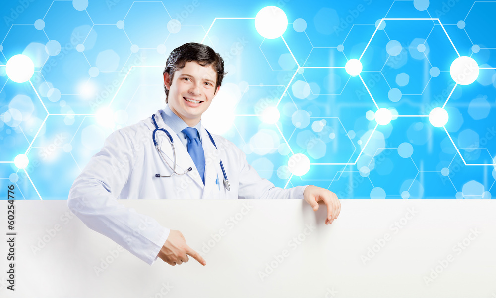 Doctor with blank banner Doctor with blank banner