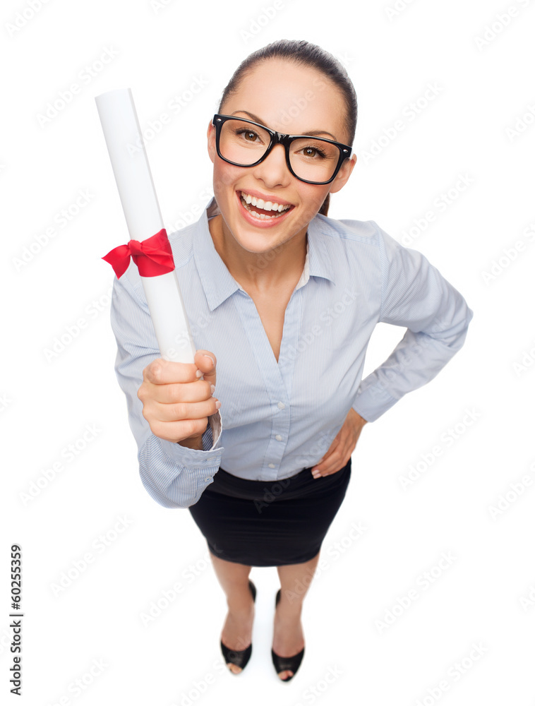 smiling businesswoman in eyeglasses with diploma smiling businesswoman in eyeglasses with diploma