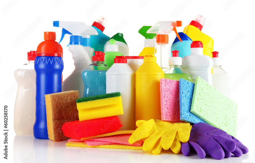 Different kinds of house cleaners and colorful sponges, gloves Different kinds of house cleaners and colorful sponges, gloves