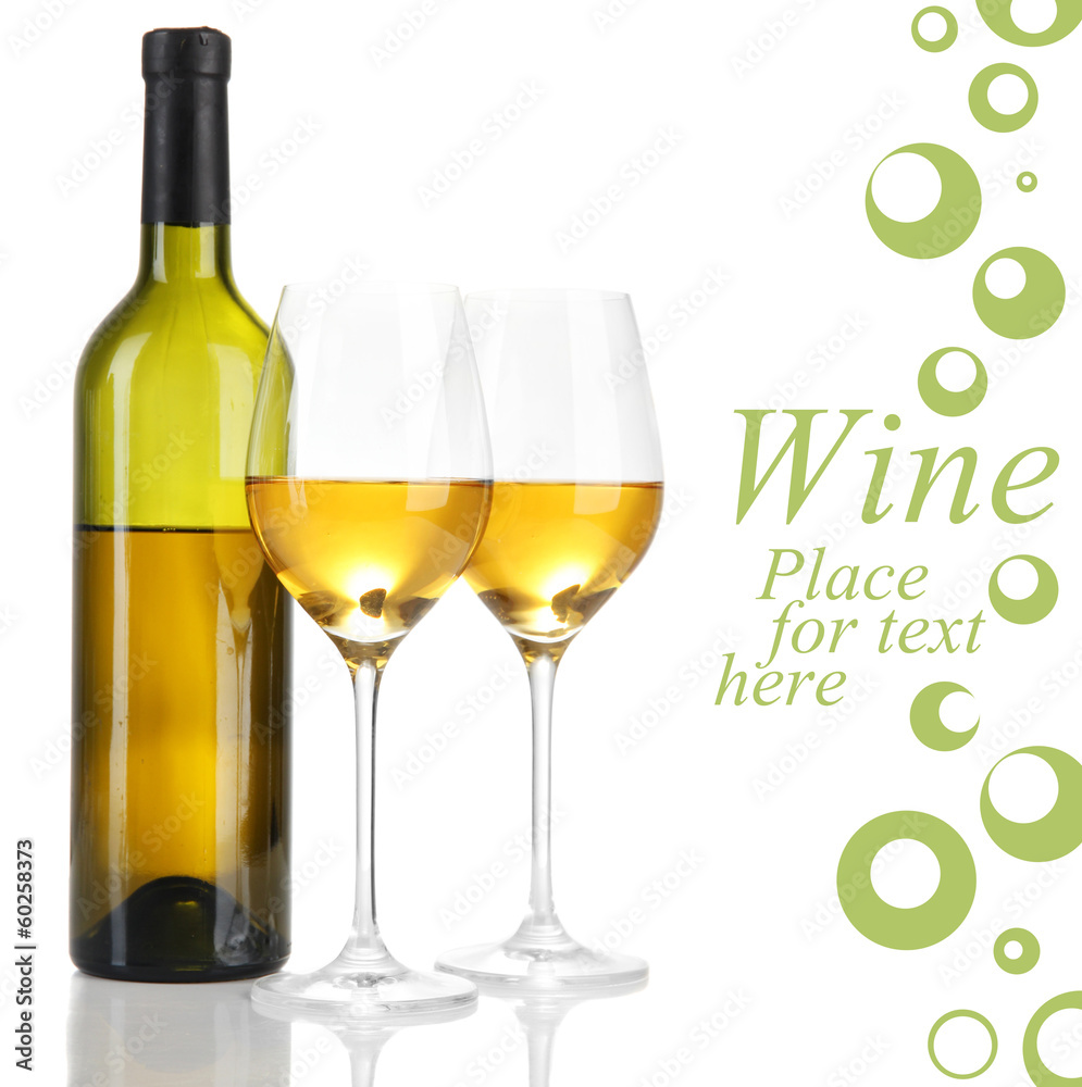 Wine bottle and wineglasses with white wine, isolated on white Wine bottle and wineglasses with white wine, isolated on white