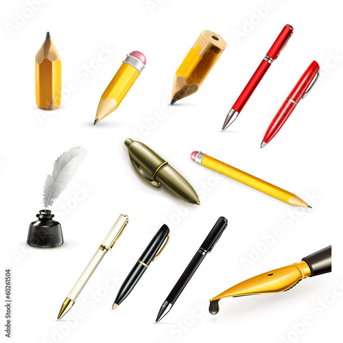 Pens and pencils, set vector icons