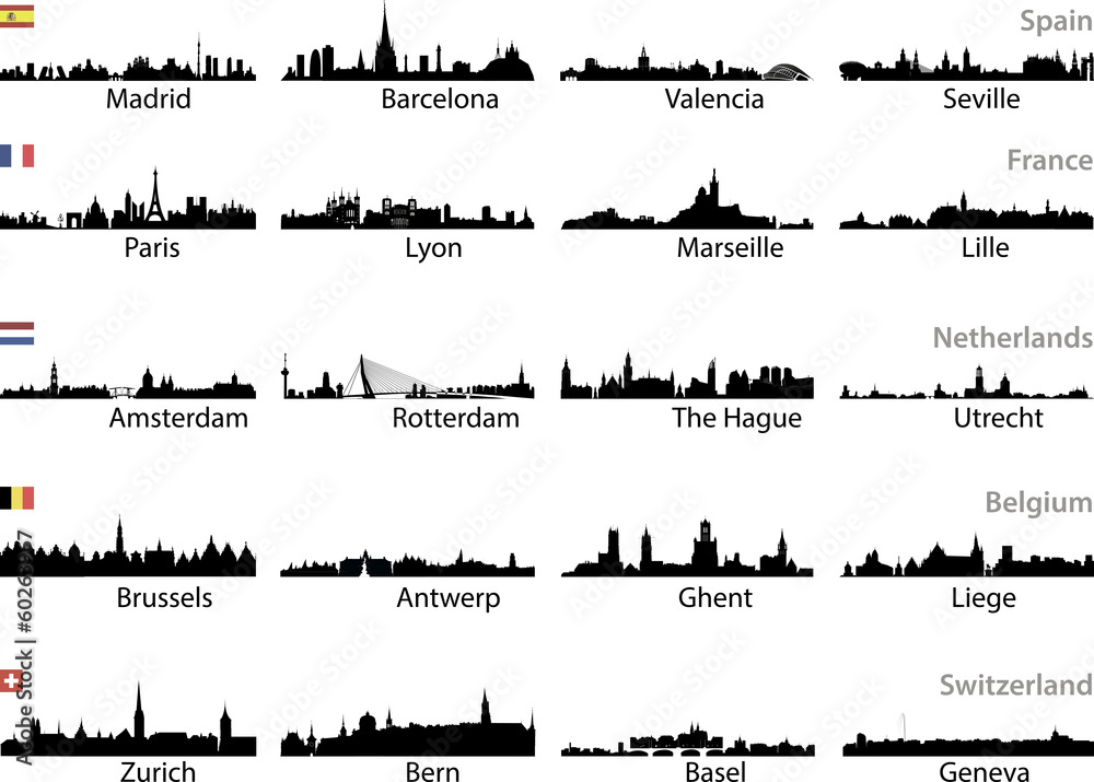 vector skylines of european cities silhouettes