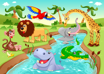 Wandcirkels Cartoons Afrikaanse dieren in de jungle  © ddraw