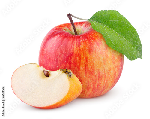 Red yellow apple with green leaf and slice isolated on white