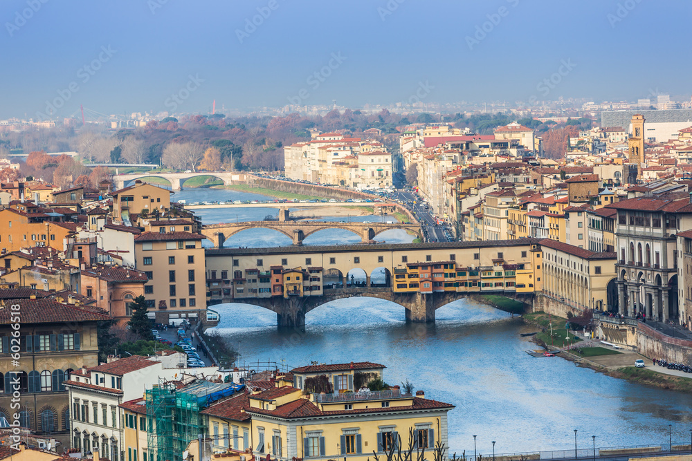 Houses, Arno River and bridges of Florence, Tuscany, Italy