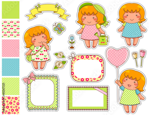 cartoon girls with design elements and swatches