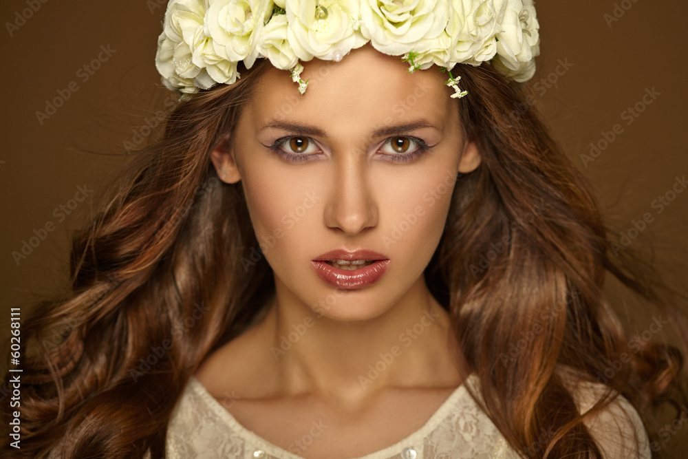 Beautiful portrait of girl with wreath. Makeup. Beautiful portrait of girl with wreath. Makeup.