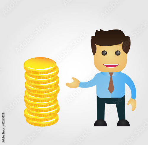 Business man cartoon with stack of gold