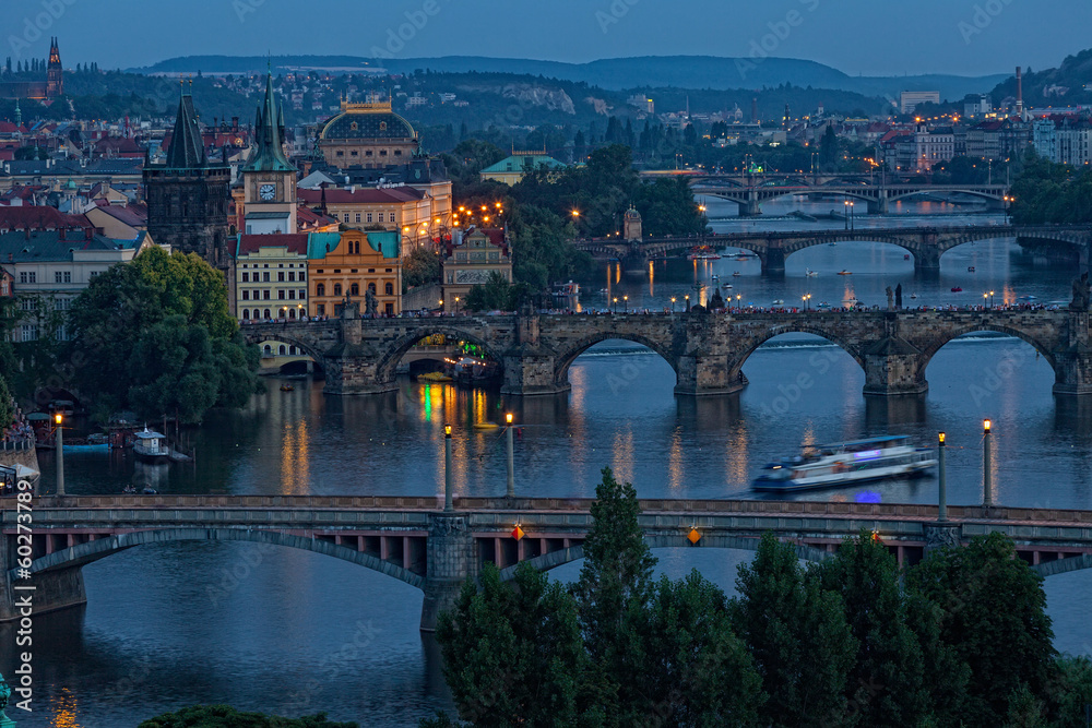View of Prague at night: river Vltava and bridges