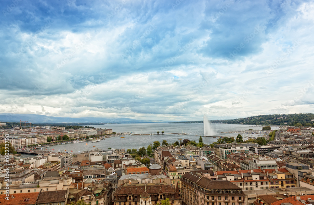  view of Geneva, Leman Lake and Water Jet, in Switzerland