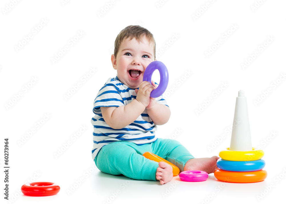 child playing with colorful toy isolated on white