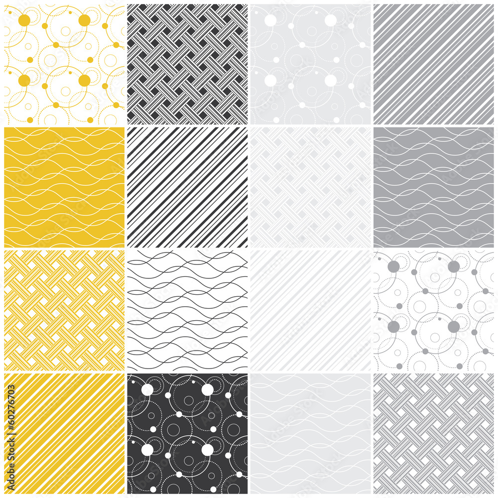 geometric seamless patterns: dots, waves, stripes