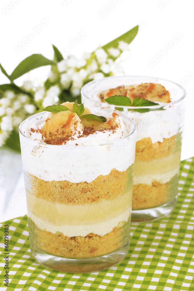 Delicious dessert with banana and caramel