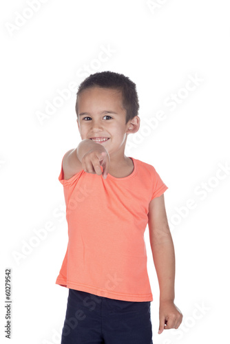 little boy with orange shirt pointing