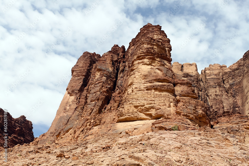 Valley of the Moon in Wadi Rum, southern Jordan. Valley cut into the sandstone and granite rock.