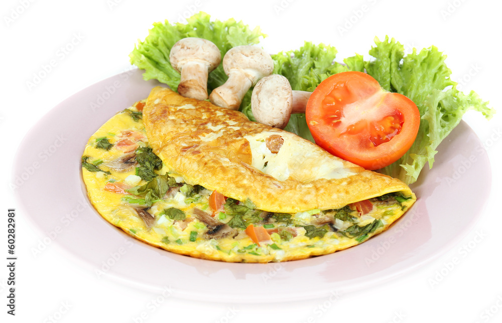 Omelet with mushrooms isolated on white