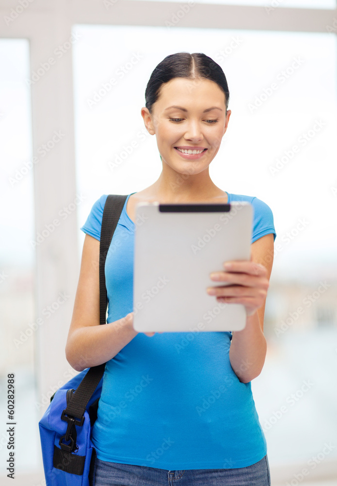 smiling female student with tablet pc and bag smiling female student with tablet pc and bag