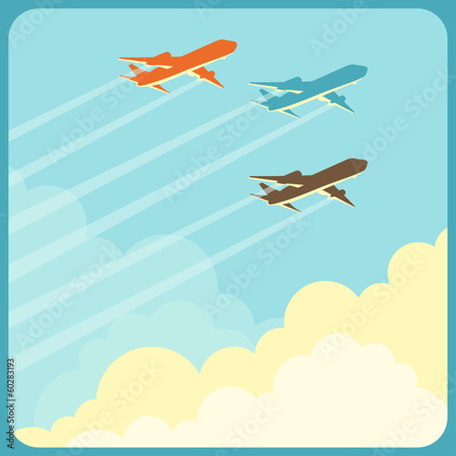 Illustration of airplanes flying in the sky over clouds.