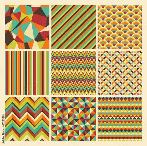 Seamless retro geometric hipster background set. Patterns