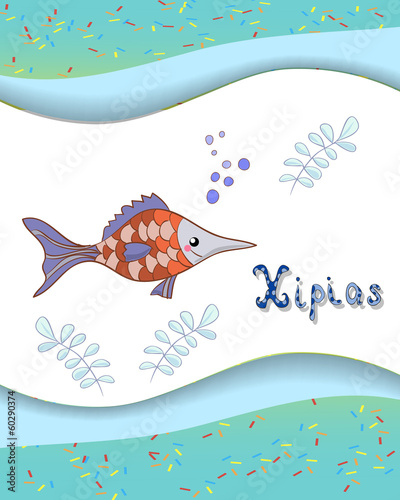 Animal alphabet letter X and xipias with a colored background