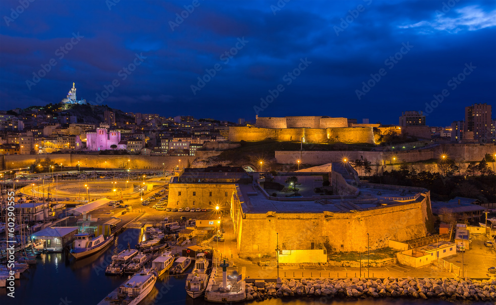 Night view of Fort St. Nicolas and Cathedral in Marseille