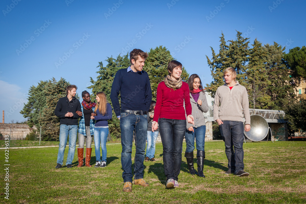College Students Walking and Talking at Park College Students Walking and Talking at Park