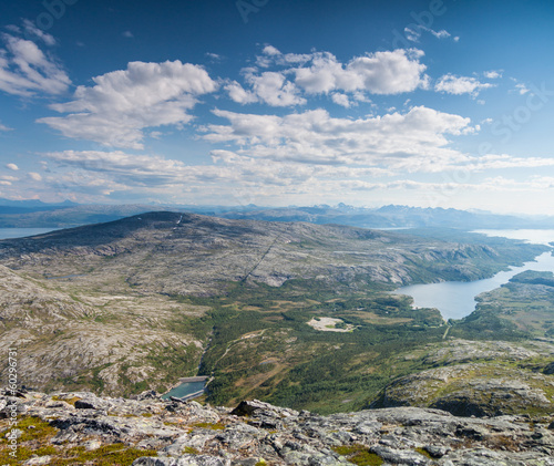 View with fjord and lake from a peak in Northern Norway