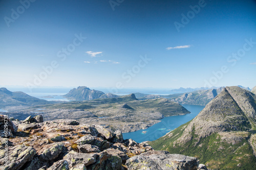 View with fjord and the ocean from a peak in Northern Norway