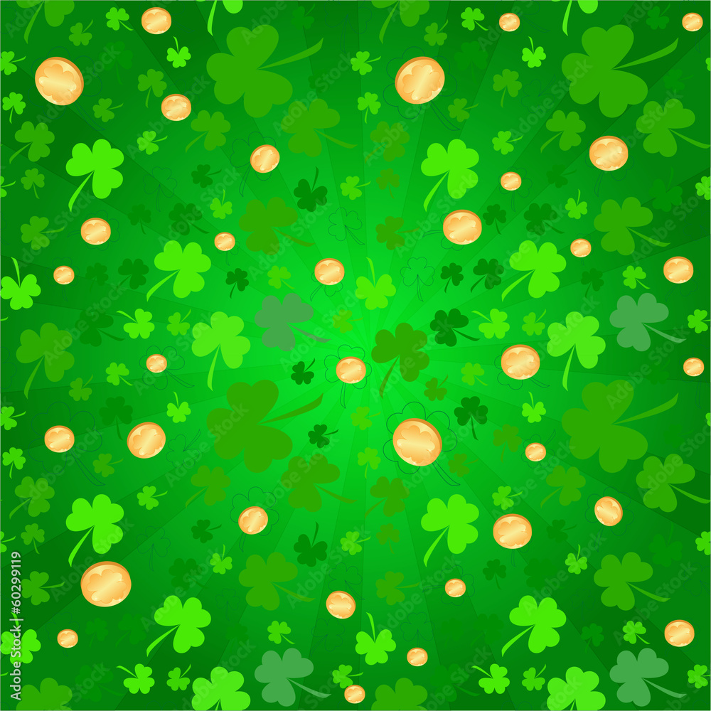 Naklejka premium Clovers and coins background on St. Patrick's Day
