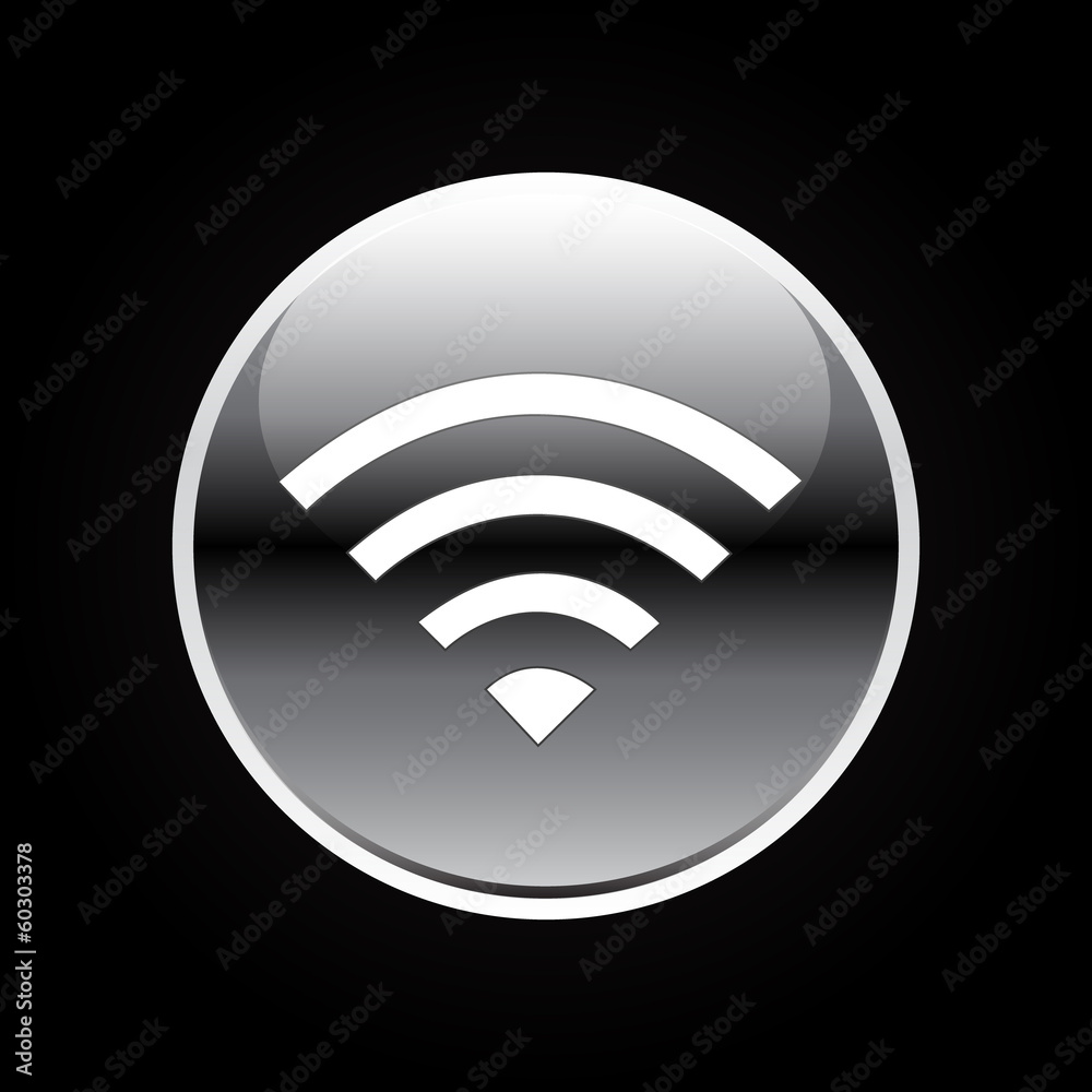Black and white glossy wireless or wifi button on black Black and white glossy wireless or wifi button on black