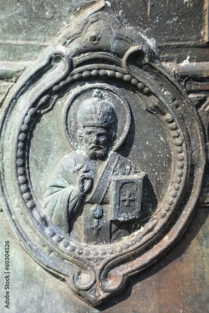 Orthodox saint Nicolas embossed on bronze material