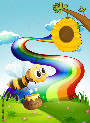 A bee carrying a pot of honey going to the beehive near the rain