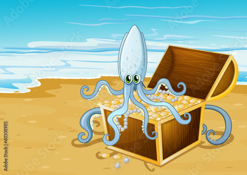 A beach with a treasure box with an octopus