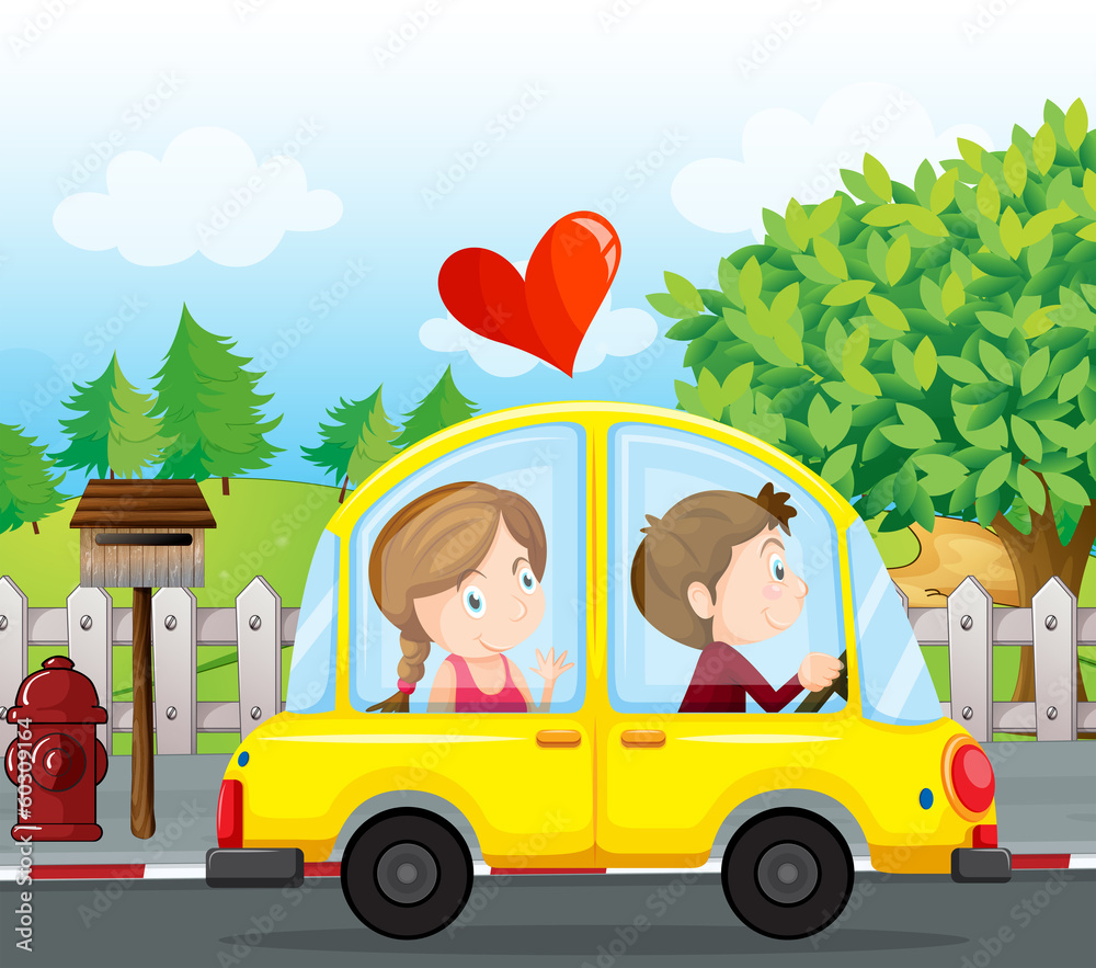 A couple riding on a yellow car A couple riding on a yellow car