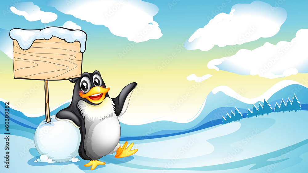 Obraz premium A penguin beside the empty wooden board