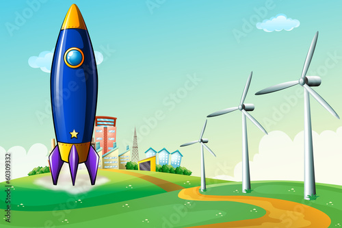 A rocket at the hill near the windmills