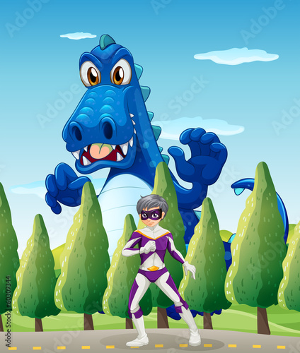 A superhero and a giant crocodile