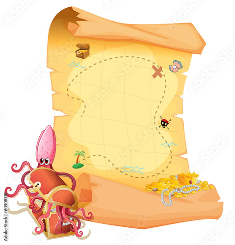 A treasure map and an octopus inside the treasure box