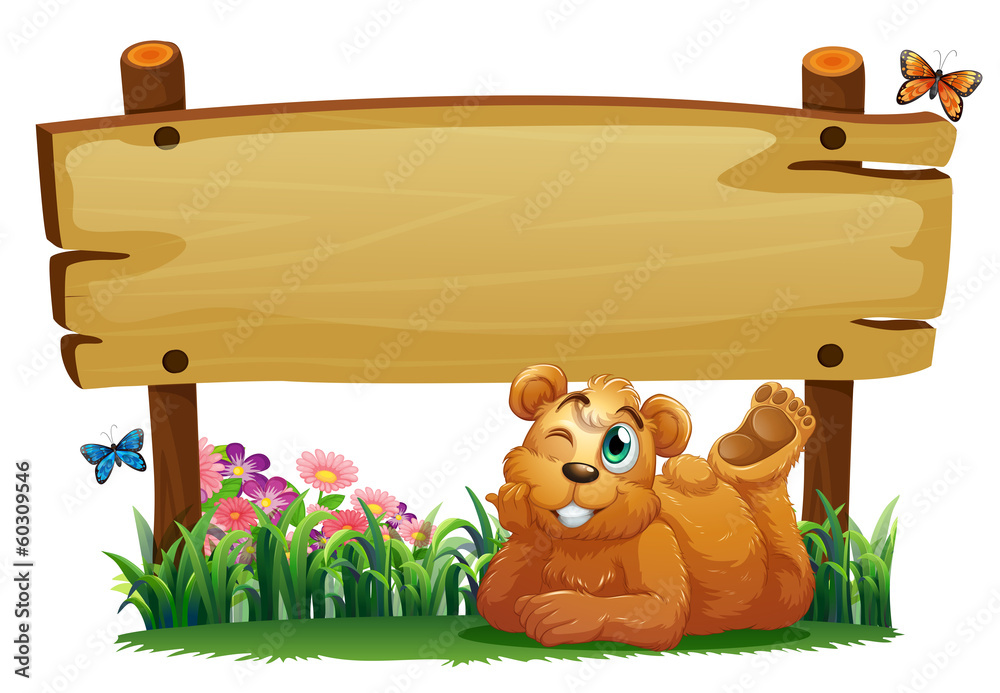 A cute bear under the empty wooden signboard A cute bear under the empty wooden signboard