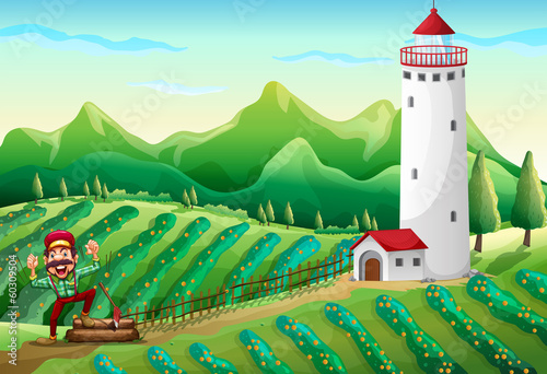 A lumberjack near the tower at the farm
