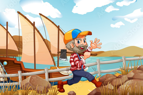 A smiling lumberjack walking with an axe