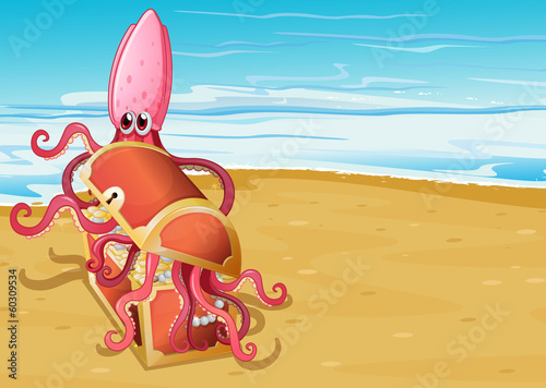 Obraz na plátně A treasure box at the sea with an octopus