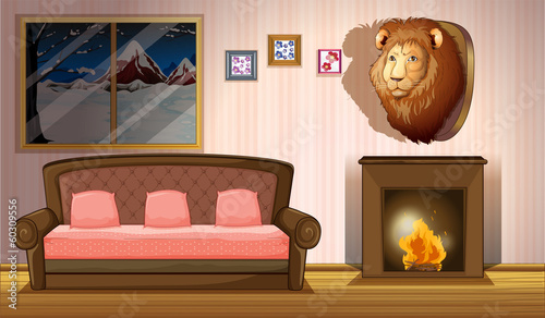 A room with a lion wall decor
