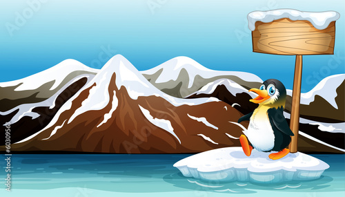 A penguin above the iceberg with an empty wooden signboard