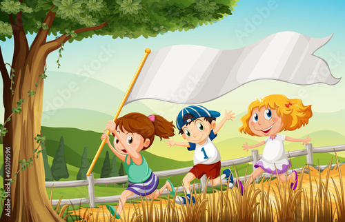 Three kids running with an empty banner