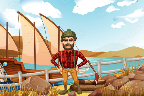 An angry lumberjack near the ship