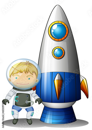 An astronaut beside the airship