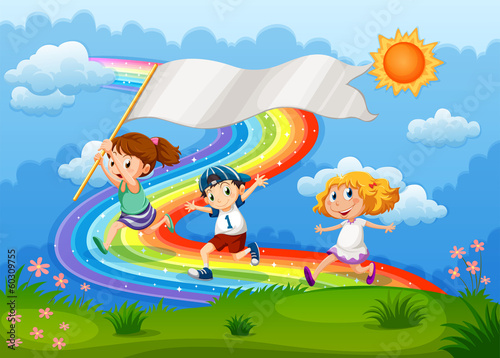 Kids running with an empty banner and a rainbow in the sky