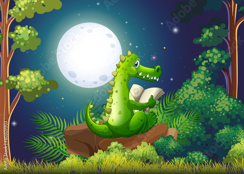 A crocodile reading in the middle of the forest